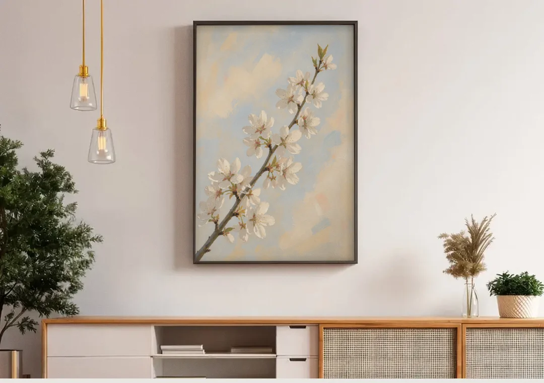 Impressionist White Cherry Blossom Branch in Morning Light canvas wall art above a wooden sideboard under pendant lights
