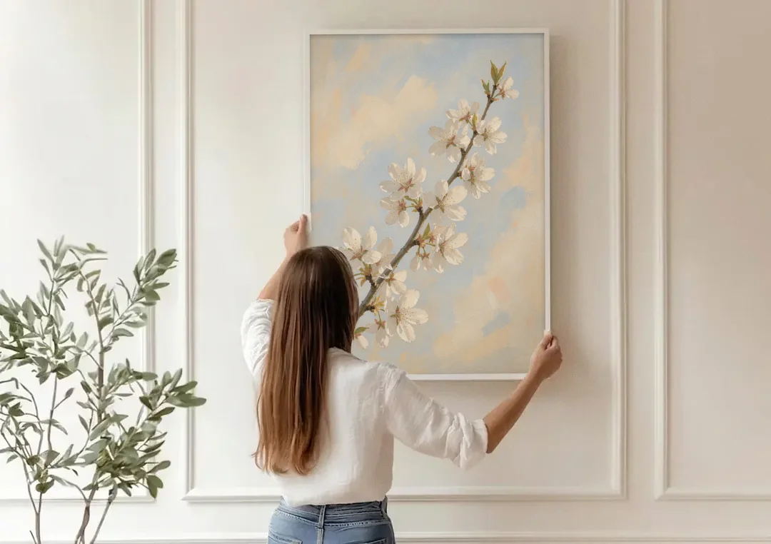 Impressionist White Cherry Blossom Branch in Morning Light canvas wall art being hung on a paneled wall