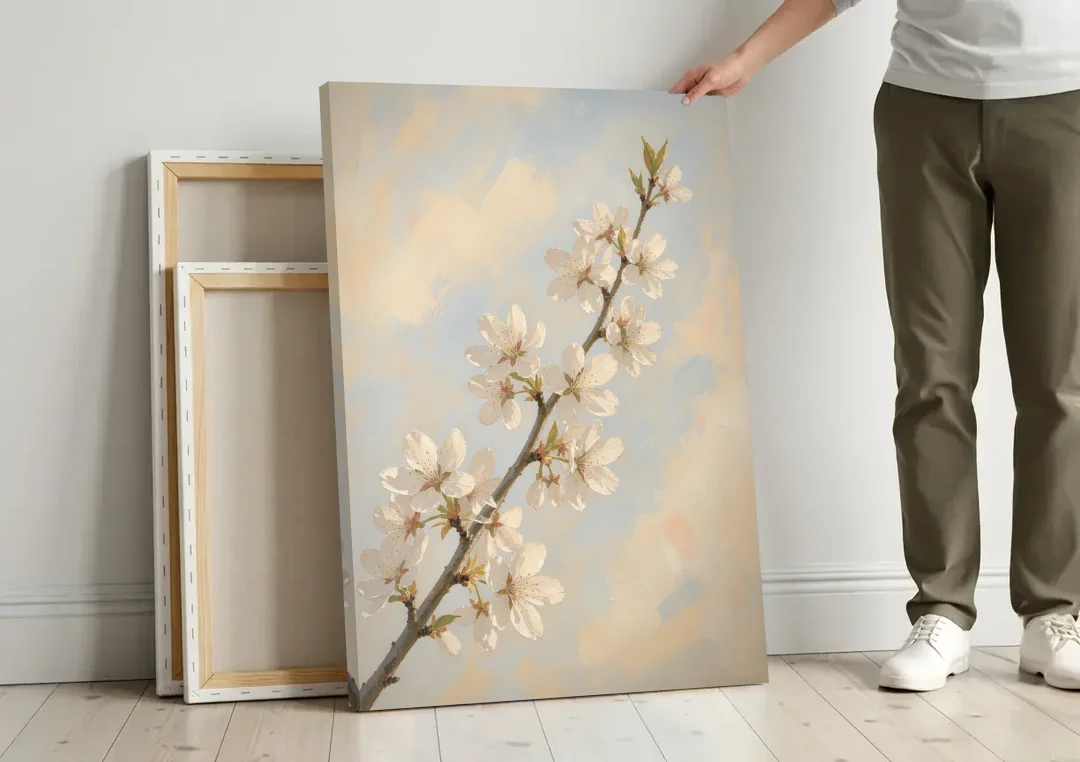 Impressionist White Cherry Blossom Branch in Morning Light canvas wall art leaning against a wall next to blank canvases