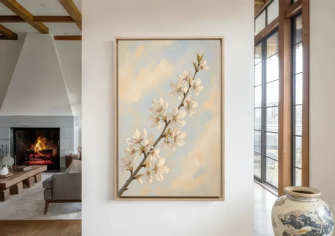 Impressionist White Cherry Blossom Branch in Morning Light canvas wall art in a living room with a fireplace