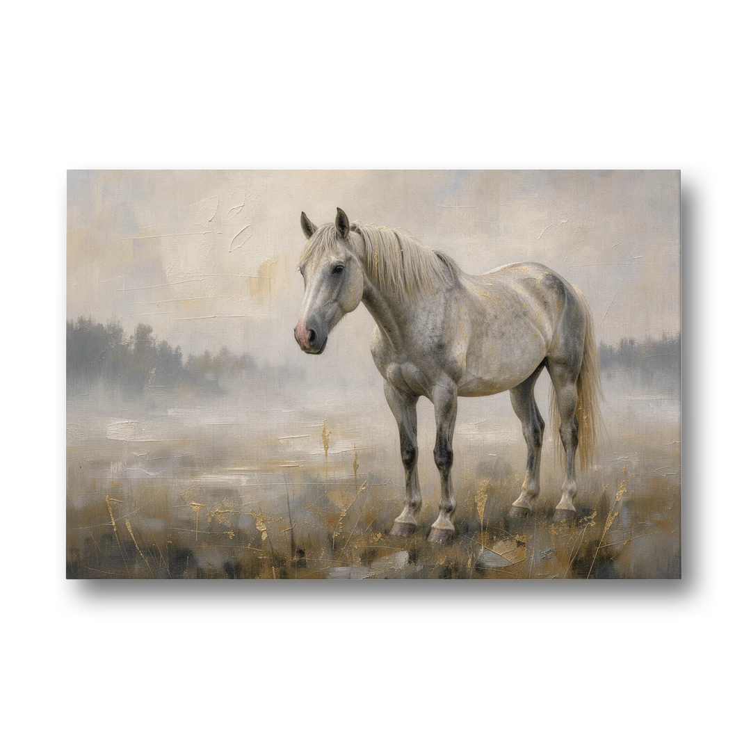 White Horse Painting in Morning Mist - Canvas Wall Art - Front