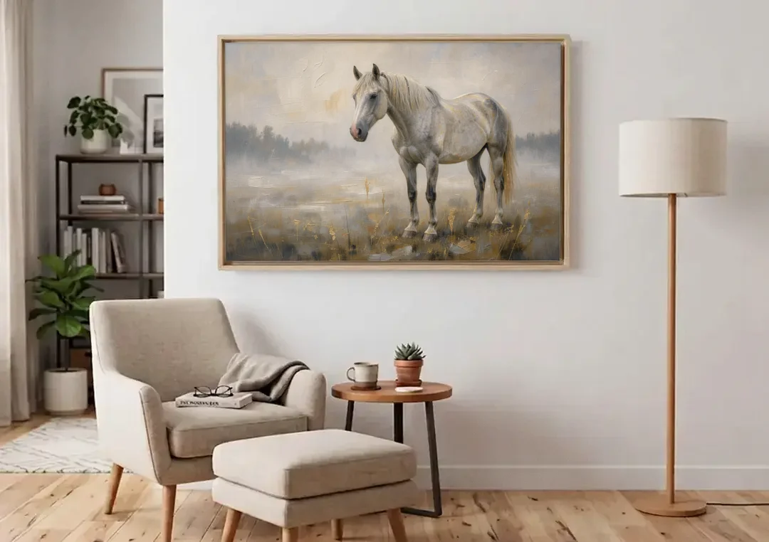 White Horse Painting in Morning Mist canvas wall art above an armchair in a bright living room
