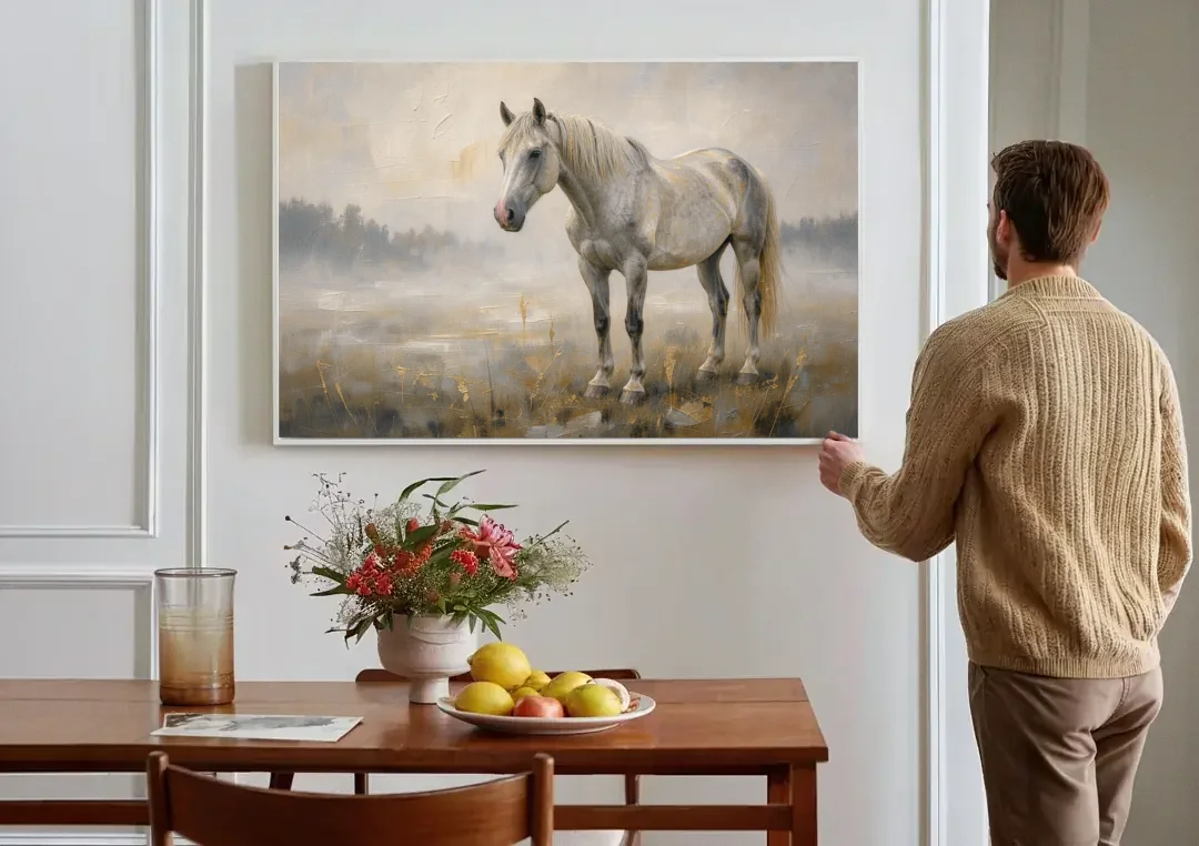 White Horse Painting in Morning Mist canvas wall art above a dining table