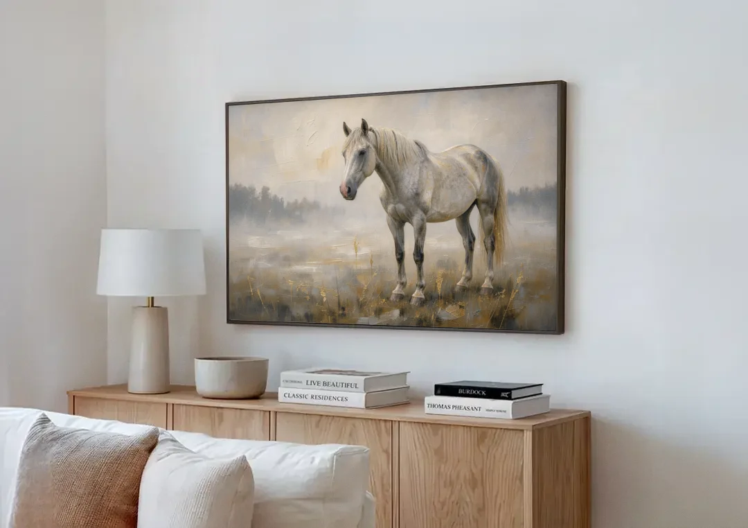 White Horse Painting in Morning Mist canvas wall art above a wooden sideboard next to a sofa