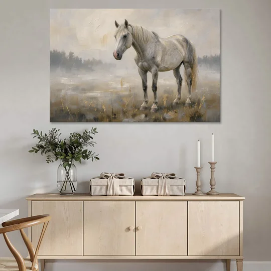 White Horse Painting in Morning Mist - Canvas Wall Art - Coffee Table - 60x40