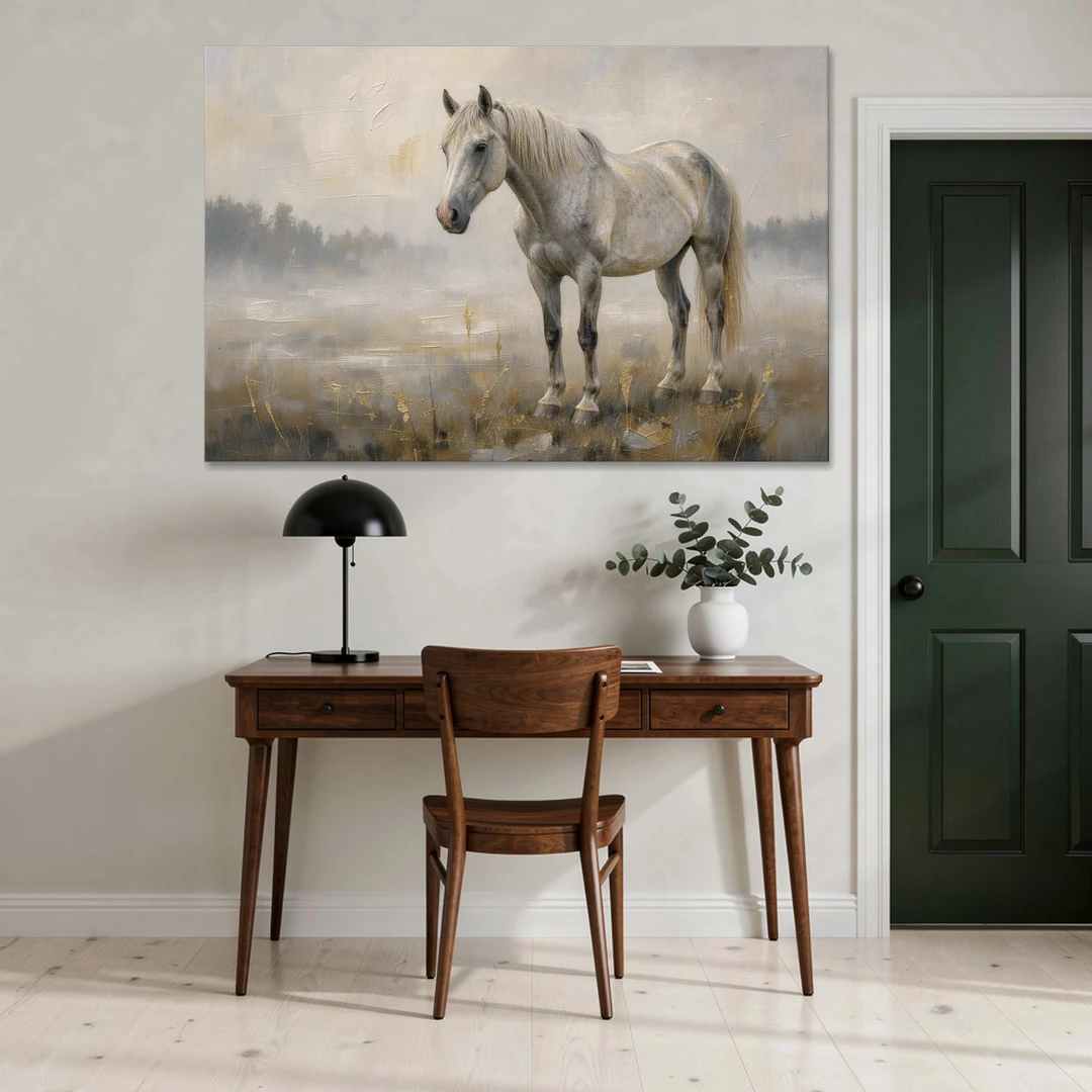 White Horse Painting in Morning Mist - Canvas Wall Art - Office - 60x40