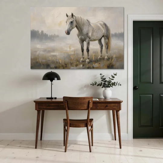 White Horse Painting in Morning Mist - Canvas Wall Art - Office - 60x40