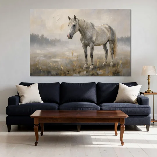 White Horse Painting in Morning Mist - Canvas Wall Art - Sofa - 60x40