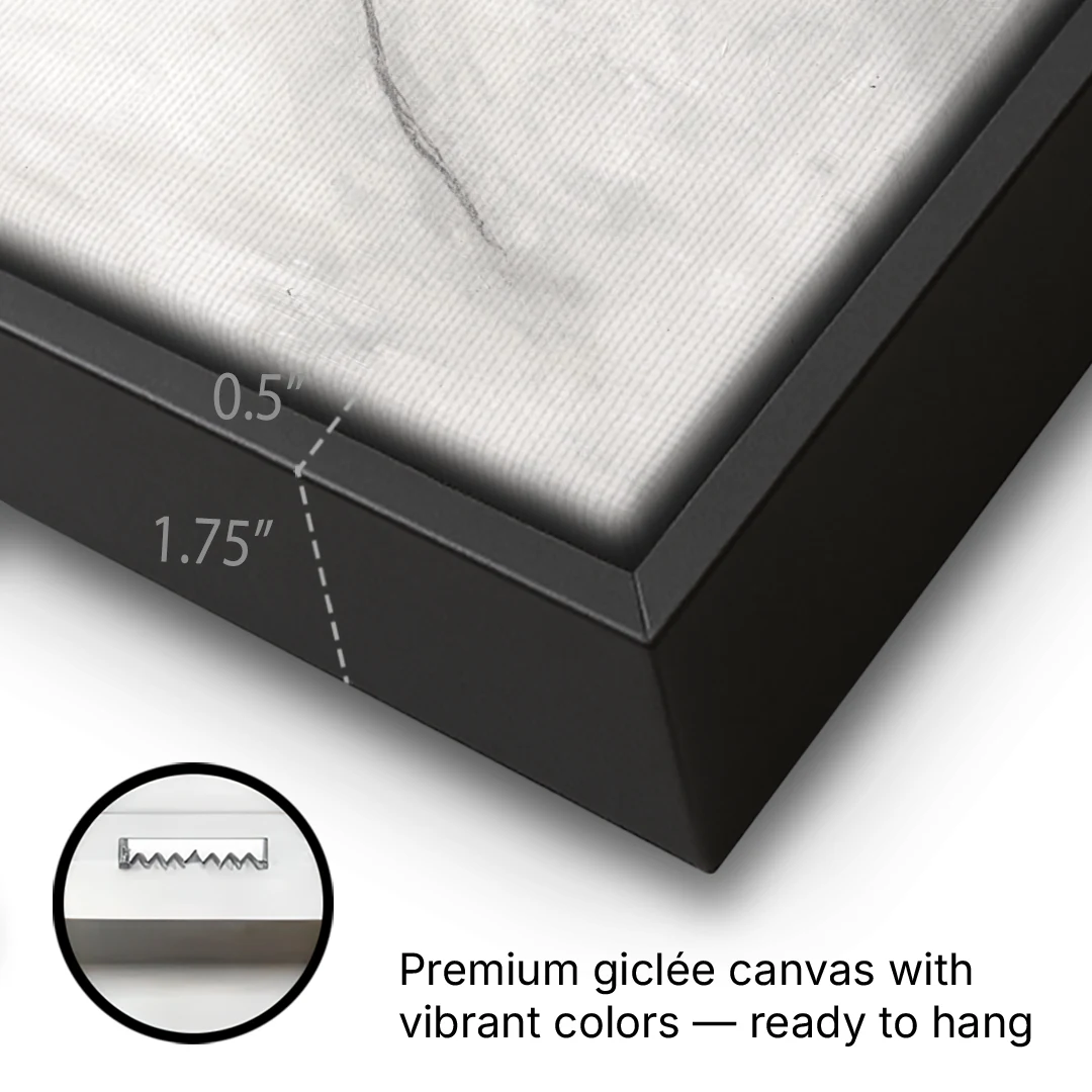White Minimalist Wall Art with a Falling Charcoal Thread - Black Framed Canvas Wall Art - Gallery Wrap Corner
