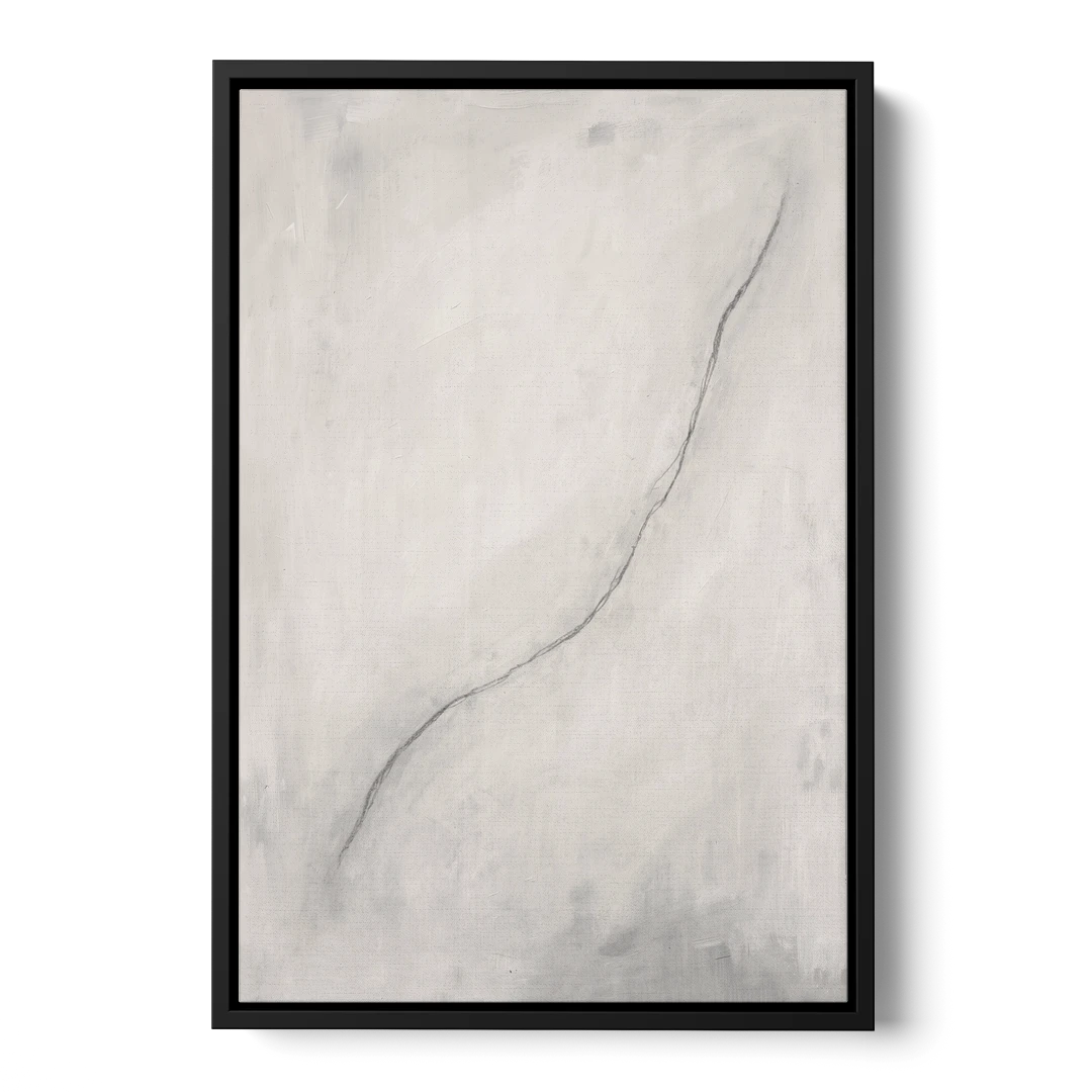 White Minimalist Wall Art with a Falling Charcoal Thread - Black Framed Canvas Wall Art - Front