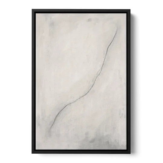 White Minimalist Wall Art with a Falling Charcoal Thread - Black Framed Canvas Wall Art - Front