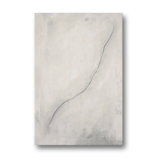 White Minimalist Wall Art with a Falling Charcoal Thread - Canvas Wall Art - Front