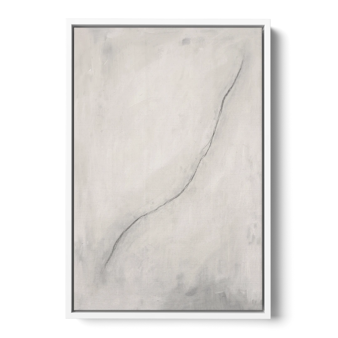 White Minimalist Wall Art with a Falling Charcoal Thread - White Framed Canvas Wall Art - Front