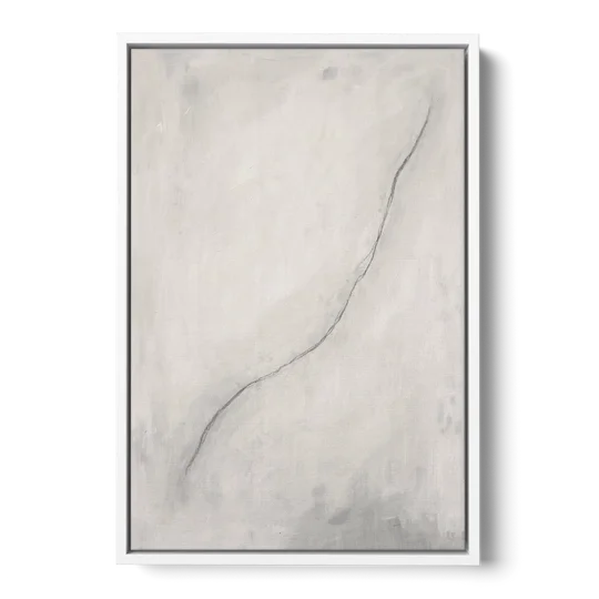 White Minimalist Wall Art with a Falling Charcoal Thread - White Framed Canvas Wall Art - Front