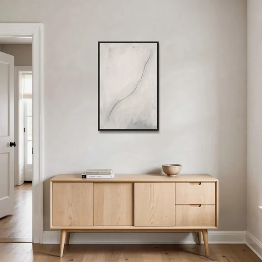 White Minimalist Wall Art with a Falling Charcoal Thread - Black Framed Canvas Wall Art - Coffee Table - 24x36