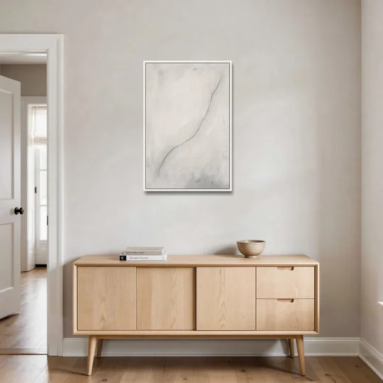 White Minimalist Wall Art with a Falling Charcoal Thread - White Framed Canvas Wall Art - Coffee Table - 24x36