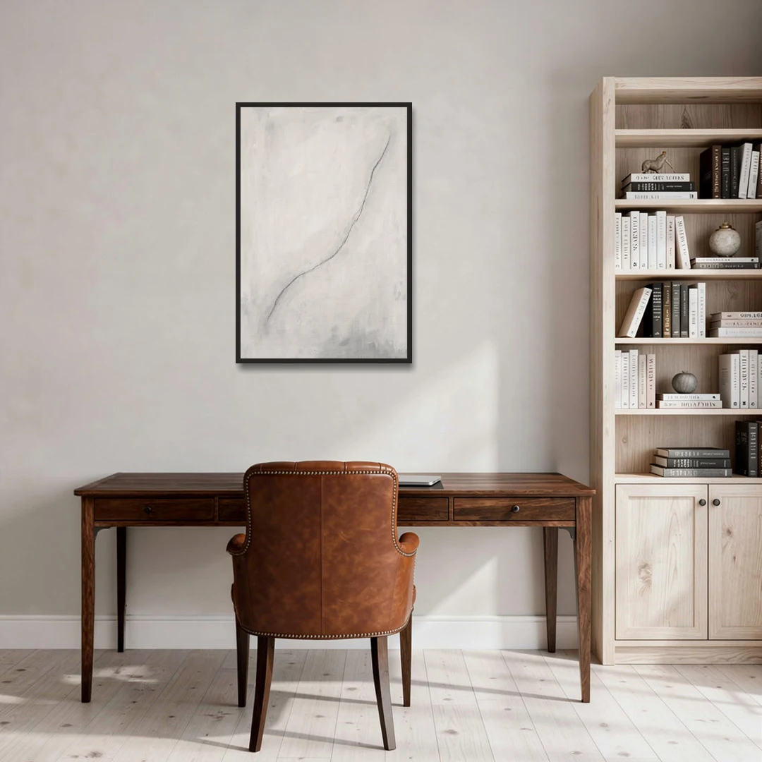 White Minimalist Wall Art with a Falling Charcoal Thread - Black Framed Canvas Wall Art - Office - 24x36