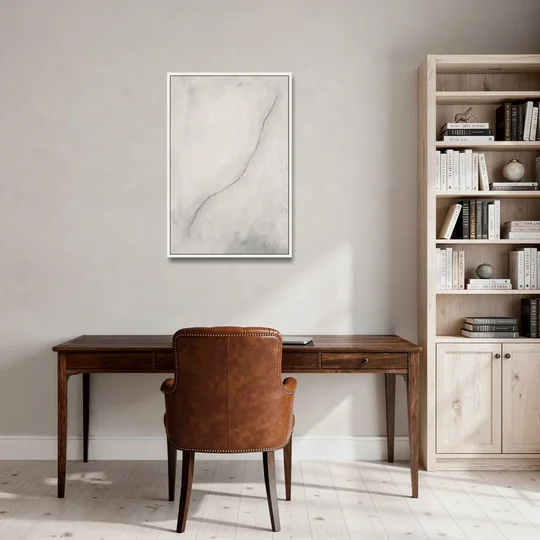 White Minimalist Wall Art with a Falling Charcoal Thread - White Framed Canvas Wall Art - Office - 24x36