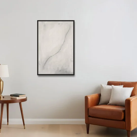 White Minimalist Wall Art with a Falling Charcoal Thread - Black Framed Canvas Wall Art - Sofa - 24x36