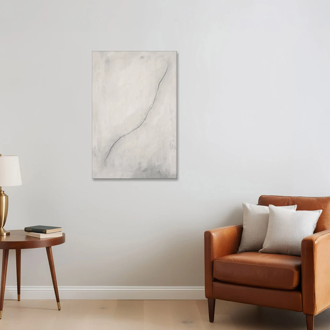 White Minimalist Wall Art with a Falling Charcoal Thread - Canvas Wall Art - Sofa - 24x36