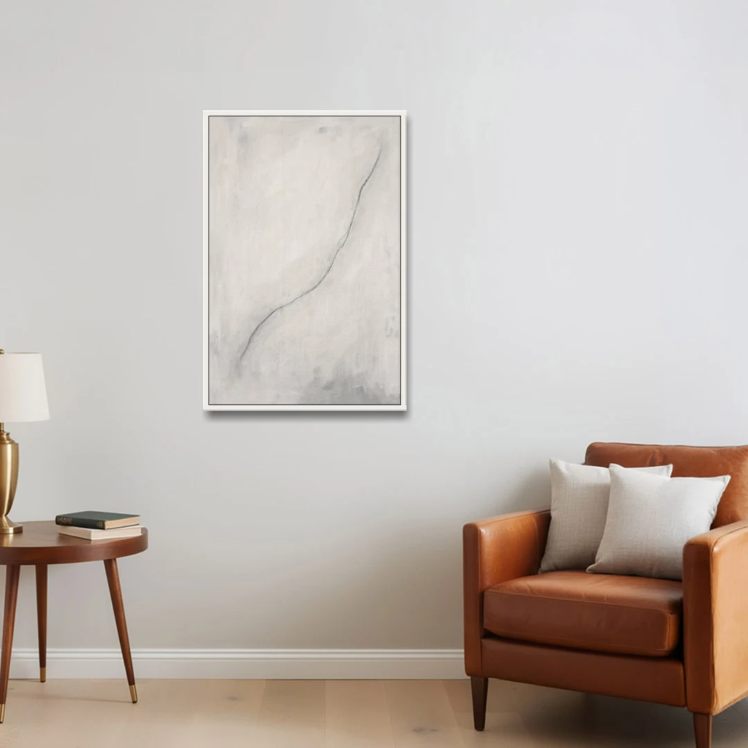 White Minimalist Wall Art with a Falling Charcoal Thread - White Framed Canvas Wall Art - Sofa - 24x36