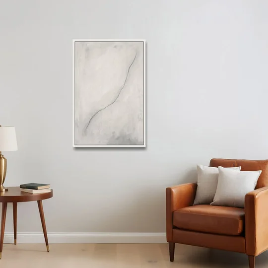 White Minimalist Wall Art with a Falling Charcoal Thread - White Framed Canvas Wall Art - Sofa - 24x36