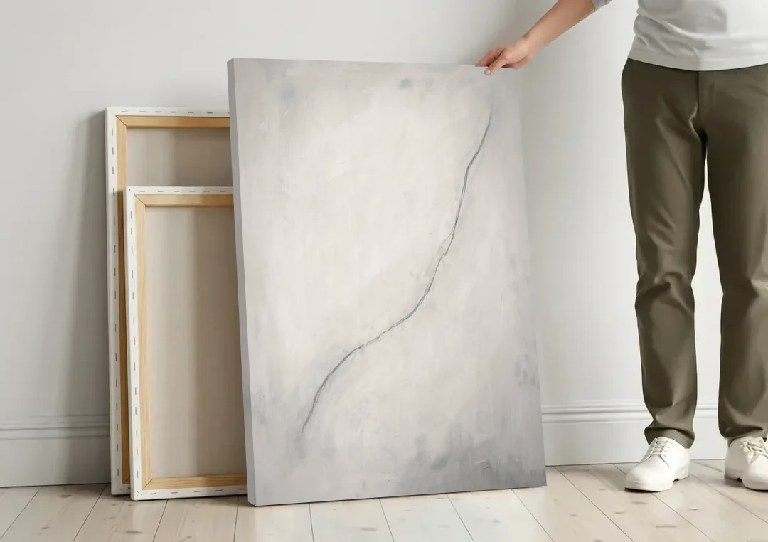 White Minimalist Wall Art with a Falling Charcoal Thread canvas wall art leaning against a wall next to blank canvases