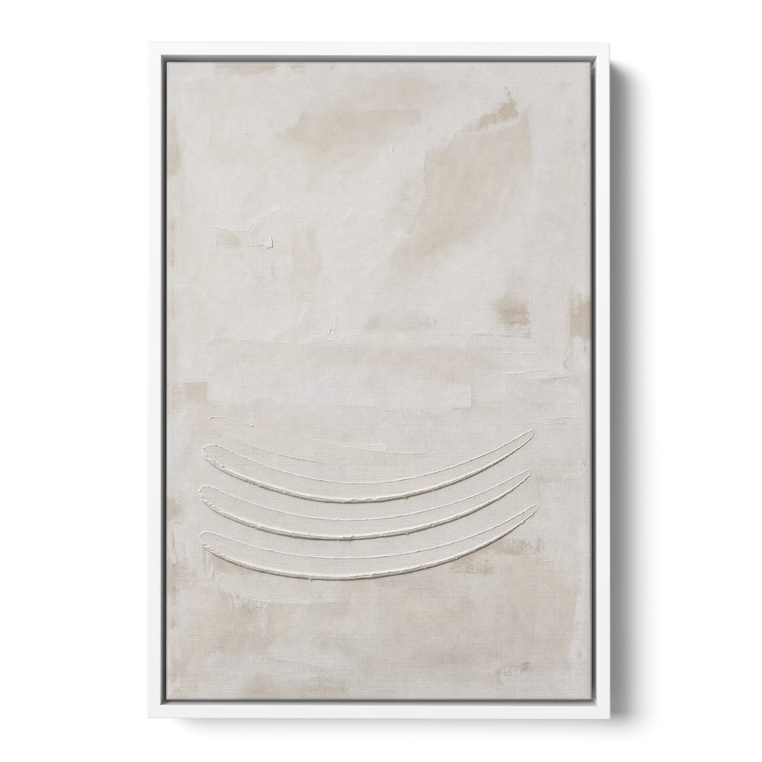White on White Wall Art with Three Curved Ridges - White Framed Canvas Wall Art - Front