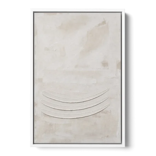 White on White Wall Art with Three Curved Ridges - White Framed Canvas Wall Art - Front