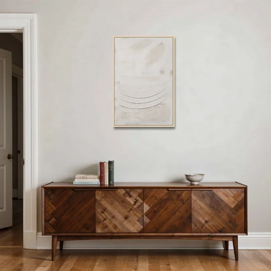 White on White Wall Art with Three Curved Ridges - Oak Framed Canvas Wall Art - Coffee Table - 24x36