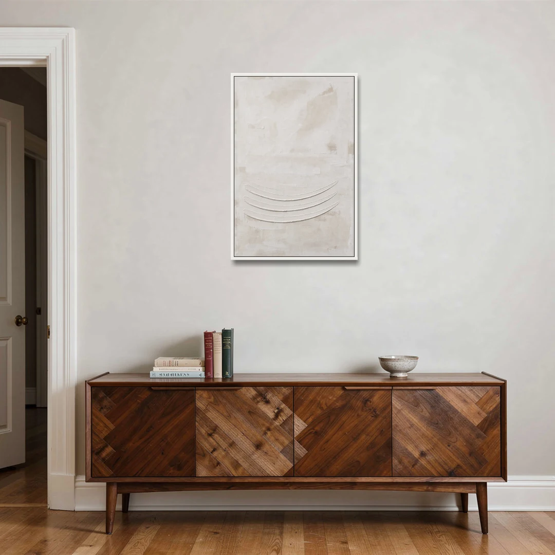 White on White Wall Art with Three Curved Ridges - White Framed Canvas Wall Art - Coffee Table - 24x36
