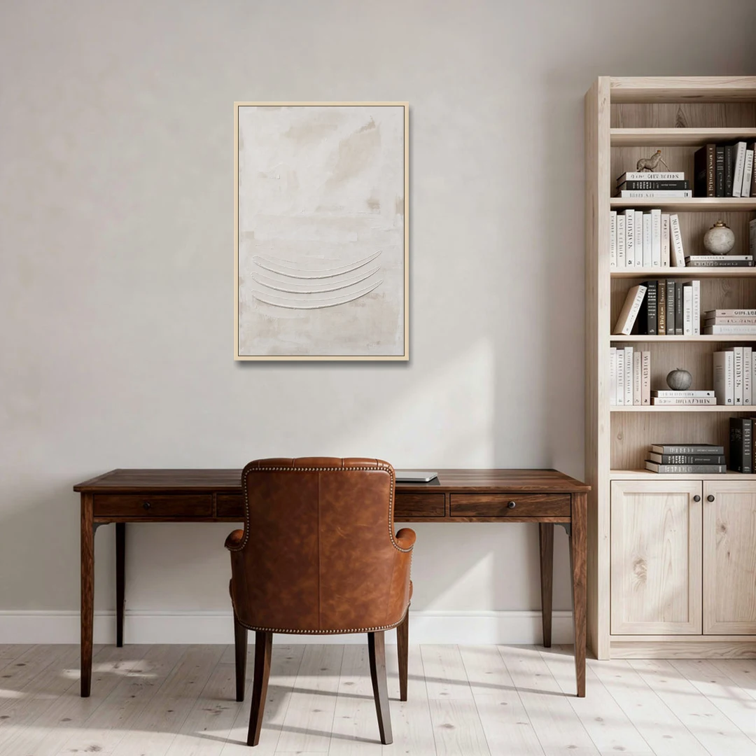 White on White Wall Art with Three Curved Ridges - Oak Framed Canvas Wall Art - Office - 24x36