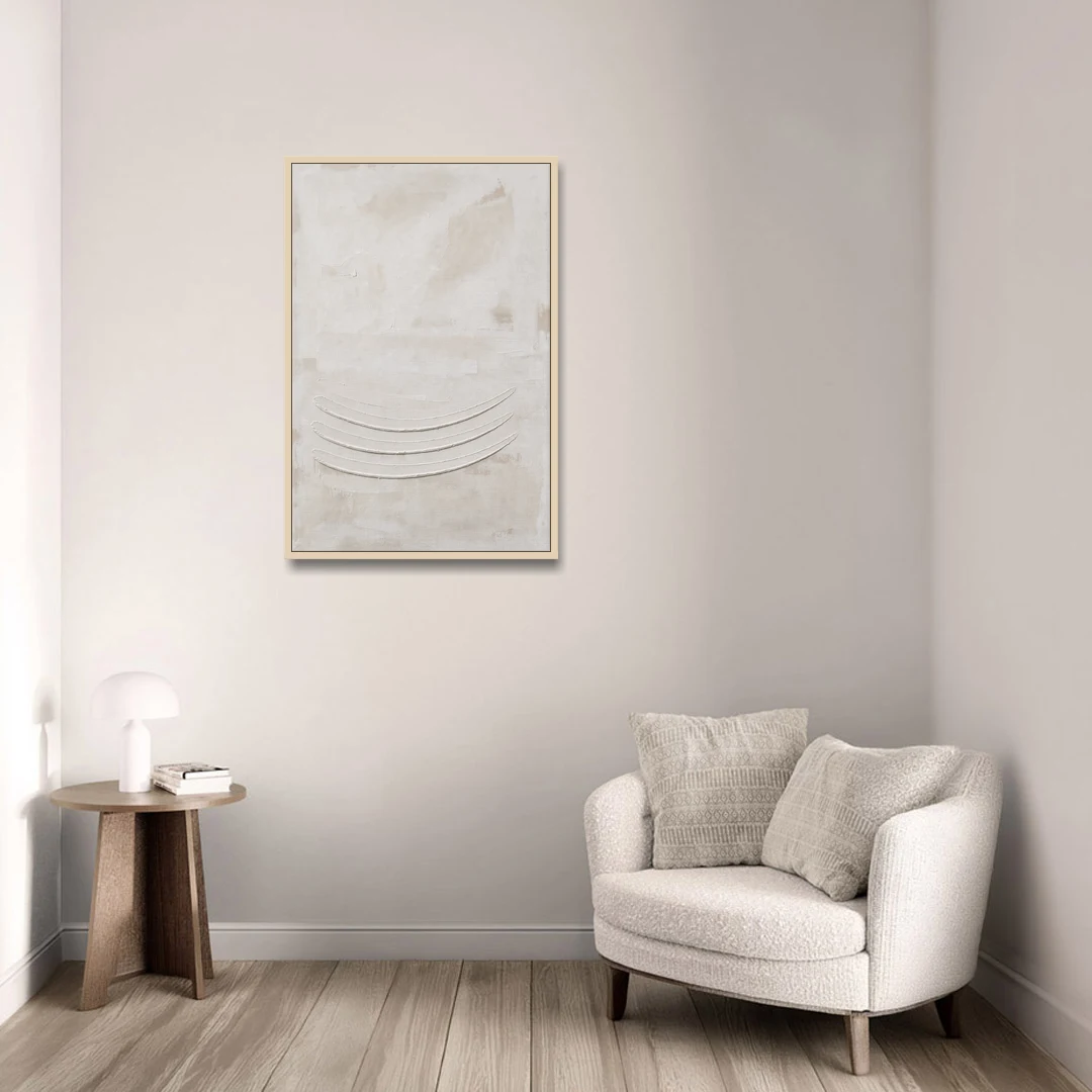 White on White Wall Art with Three Curved Ridges - Oak Framed Canvas Wall Art - Sofa - 24x36