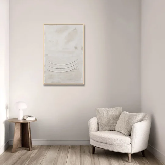 White on White Wall Art with Three Curved Ridges - Oak Framed Canvas Wall Art - Sofa - 24x36