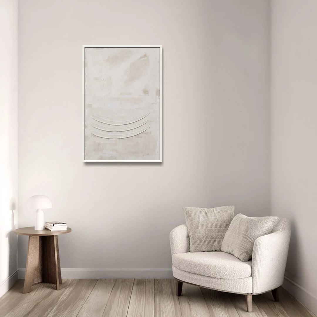 White on White Wall Art with Three Curved Ridges - White Framed Canvas Wall Art - Sofa - 24x36