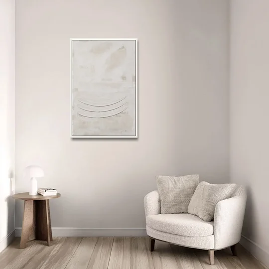 White on White Wall Art with Three Curved Ridges - White Framed Canvas Wall Art - Sofa - 24x36