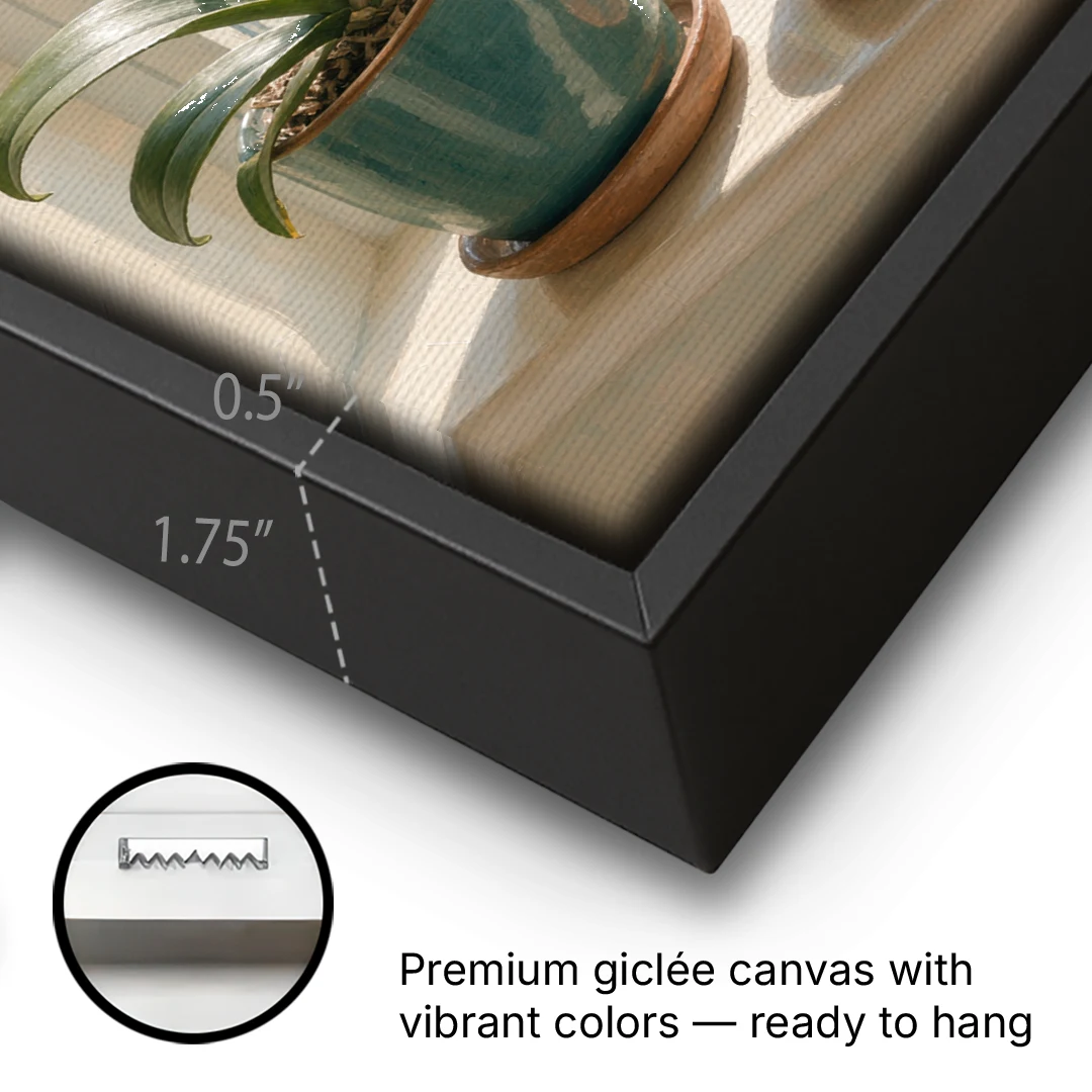 White Orchid on a Sunlit Sill for the Bathroom - Black Framed Canvas Wall Art - Gallery Wrap Corner