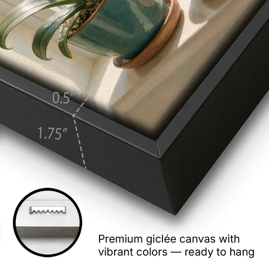 White Orchid on a Sunlit Sill for the Bathroom - Black Framed Canvas Wall Art - Gallery Wrap Corner