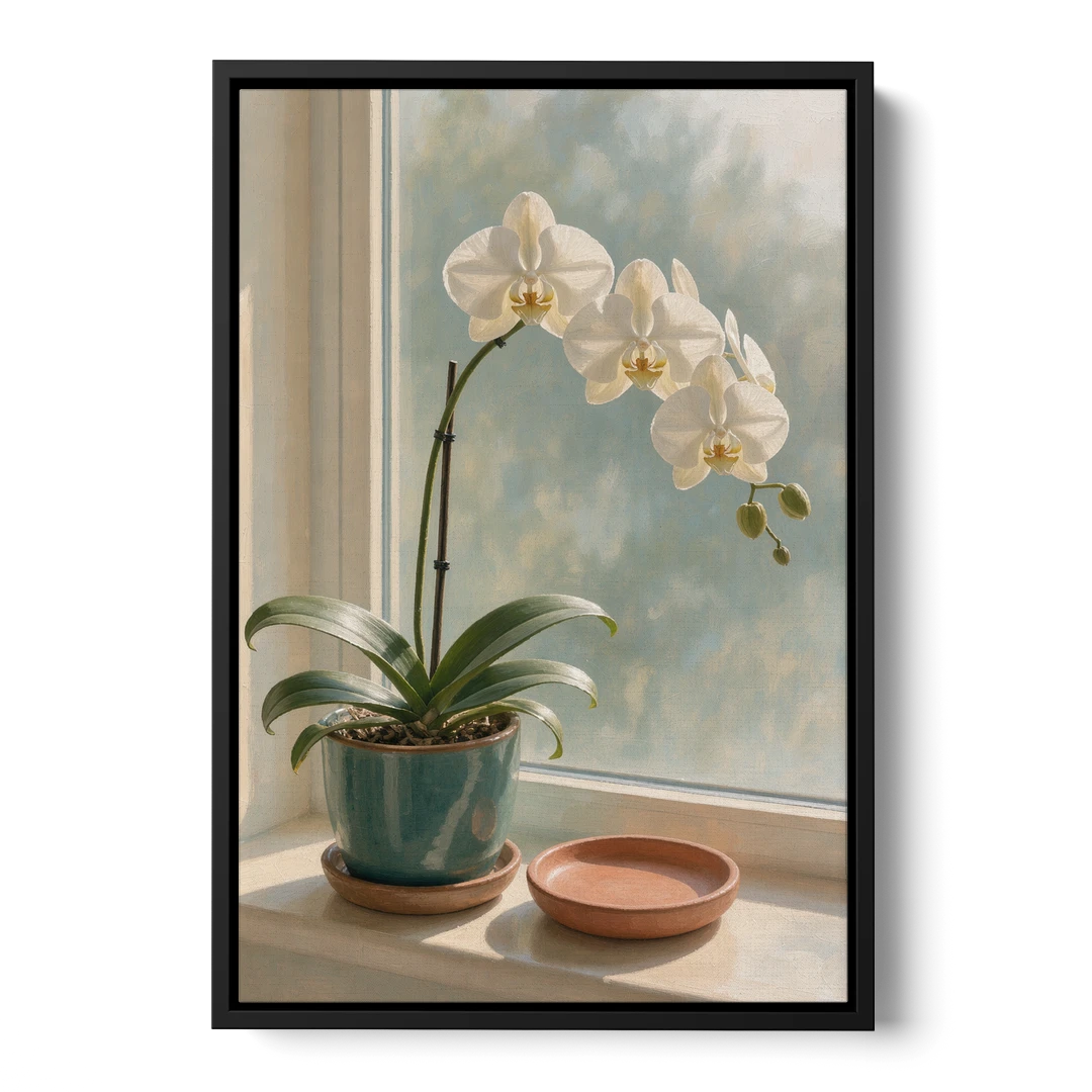 White Orchid on a Sunlit Sill for the Bathroom - Black Framed Canvas Wall Art - Front