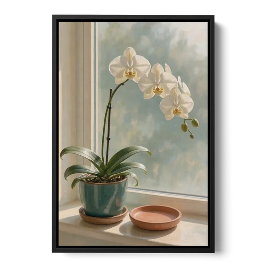White Orchid on a Sunlit Sill for the Bathroom - Black Framed Canvas Wall Art - Front