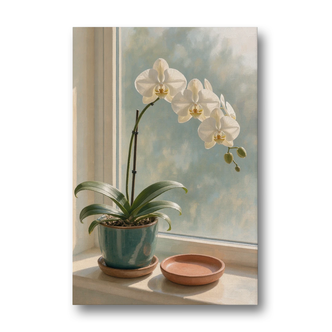 White Orchid on a Sunlit Sill for the Bathroom - Canvas Wall Art - Front