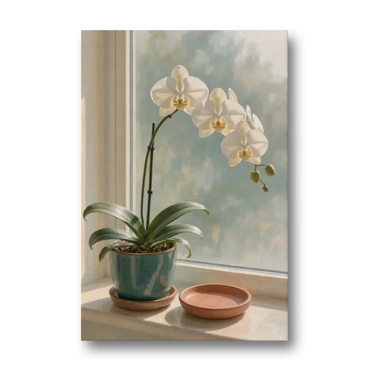 White Orchid on a Sunlit Sill for the Bathroom - Canvas Wall Art - Front