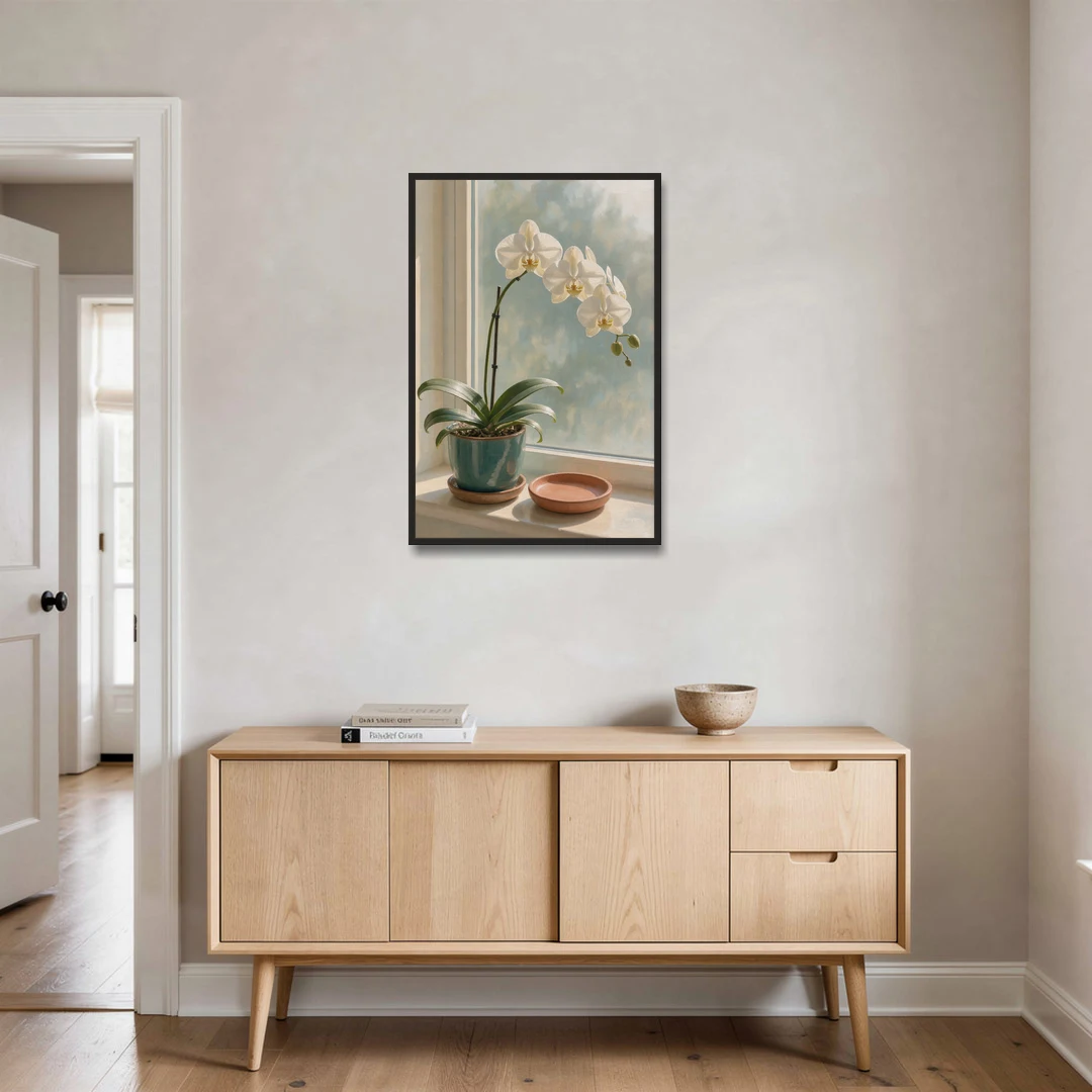 White Orchid on a Sunlit Sill for the Bathroom - Black Framed Canvas Wall Art - Coffee Table - 24x36