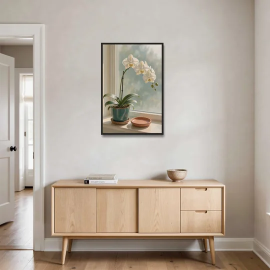 White Orchid on a Sunlit Sill for the Bathroom - Black Framed Canvas Wall Art - Coffee Table - 24x36