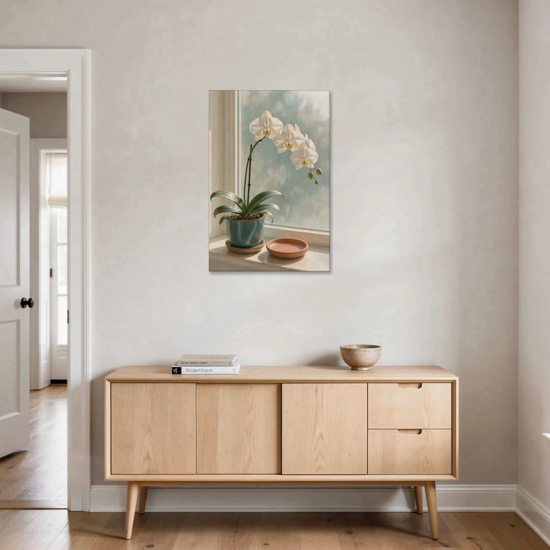 White Orchid on a Sunlit Sill for the Bathroom - Canvas Wall Art - Coffee Table - 24x36