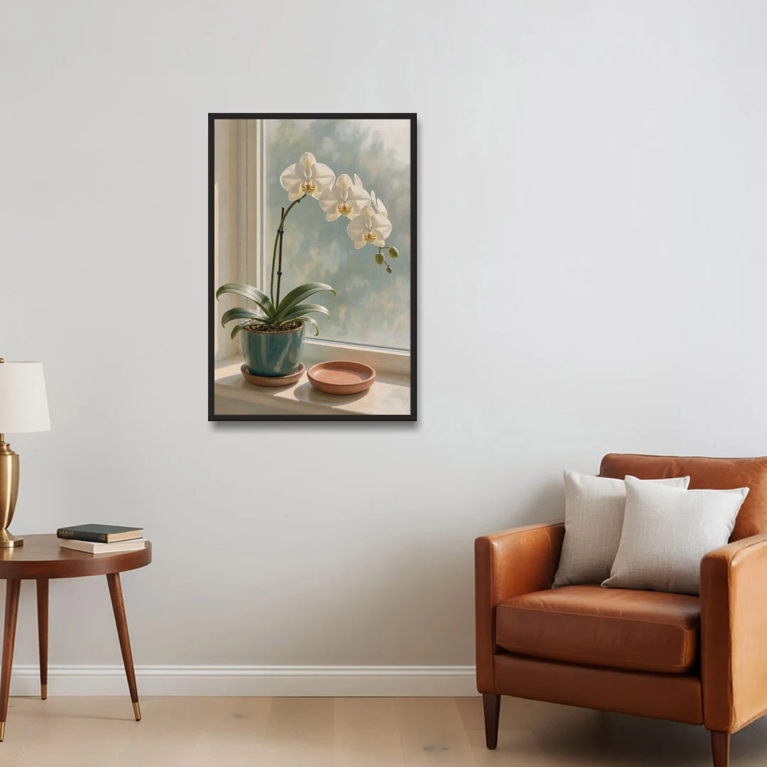 White Orchid on a Sunlit Sill for the Bathroom - Black Framed Canvas Wall Art - Sofa - 24x36