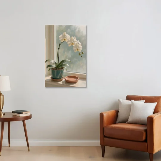 White Orchid on a Sunlit Sill for the Bathroom - Canvas Wall Art - Sofa - 24x36