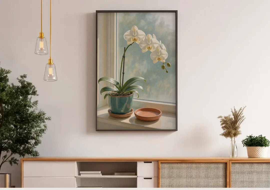 White Orchid on a Sunlit Sill for the Bathroom canvas wall art above a wooden sideboard under pendant lights