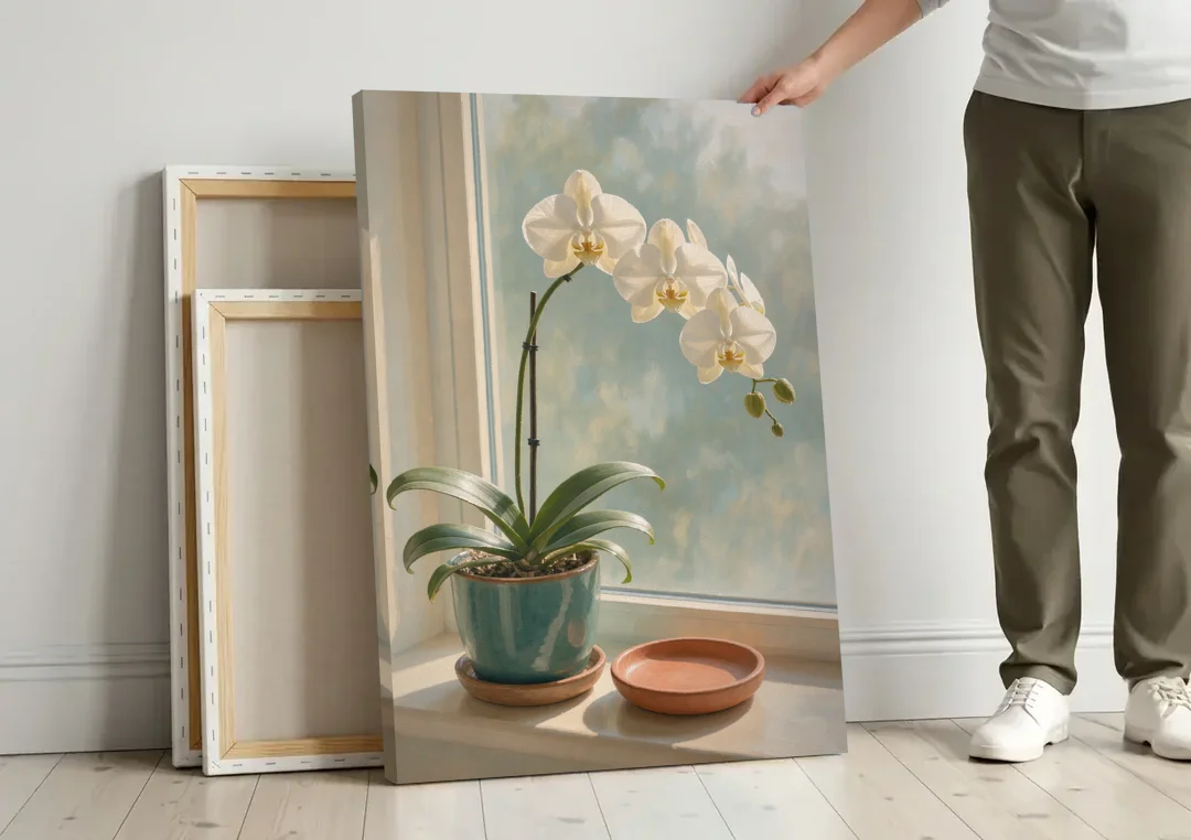 White Orchid on a Sunlit Sill for the Bathroom canvas wall art leaning against a wall next to blank canvases