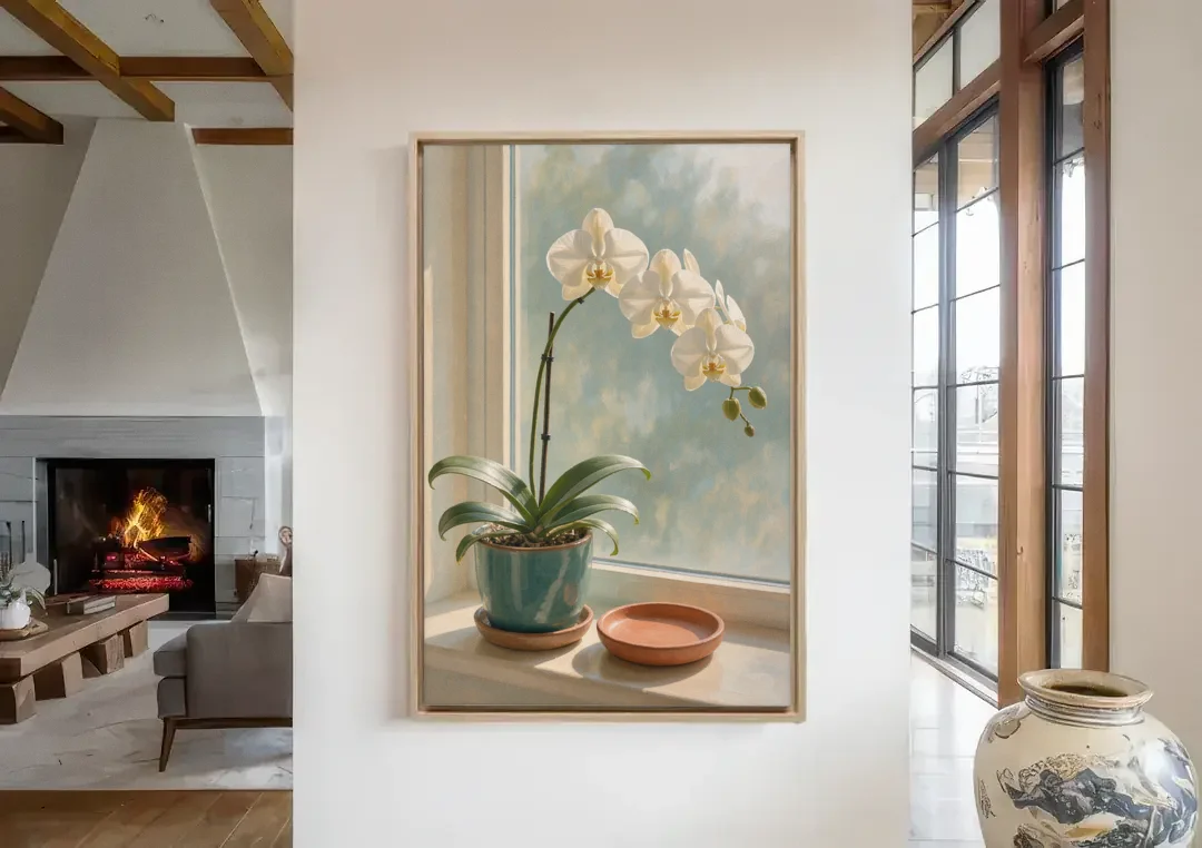 White Orchid on a Sunlit Sill for the Bathroom canvas wall art in a living room with a fireplace